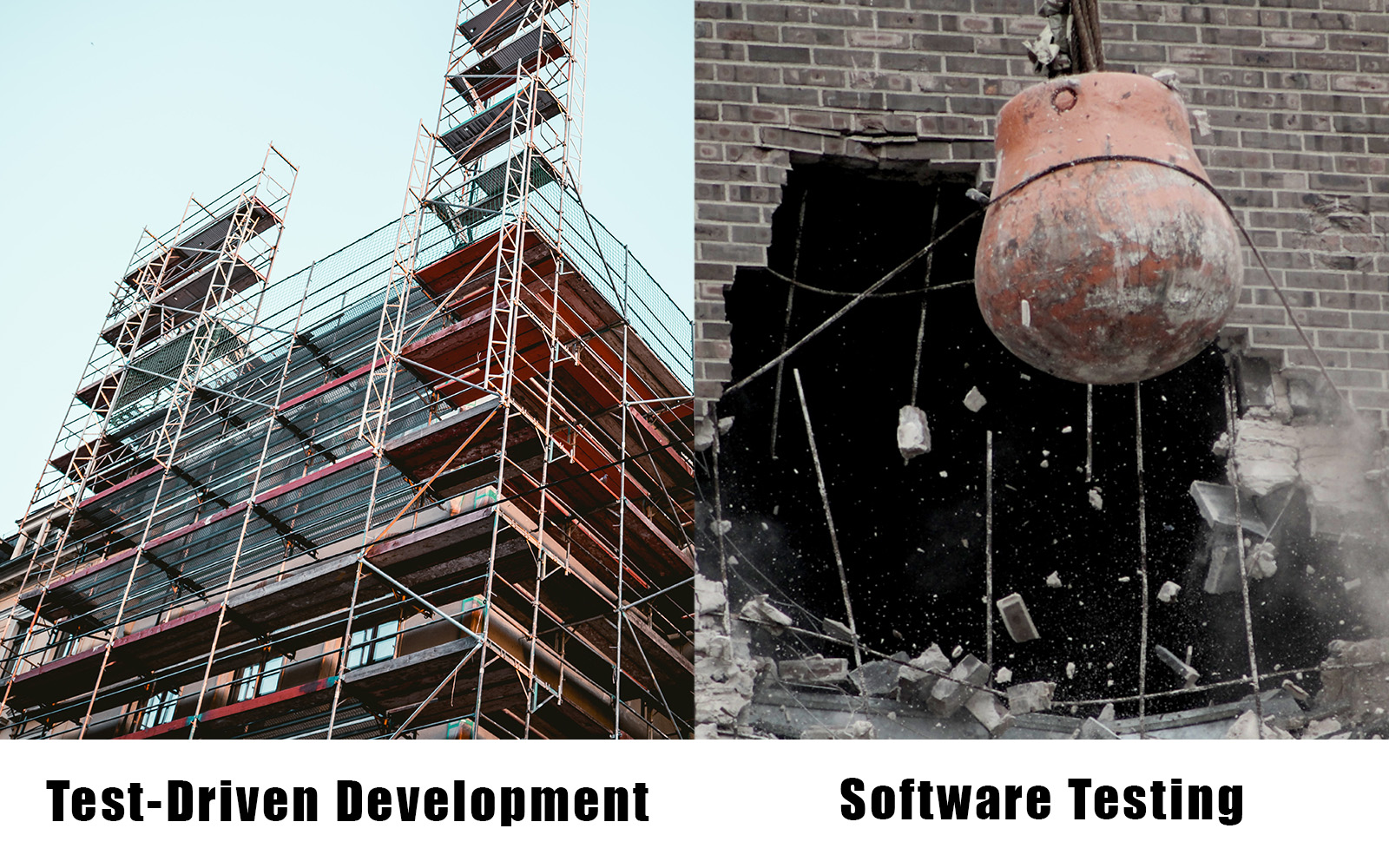 Photos of scaffolding around a building and a wrecking ball destroying a brick wall.